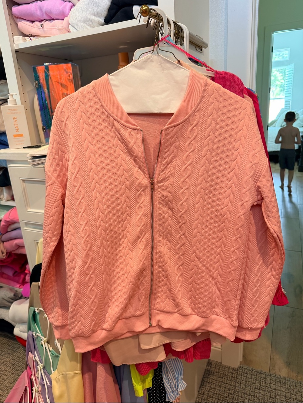 Women's Pink Cable-Knit Zip-Up Bomber Cardigan